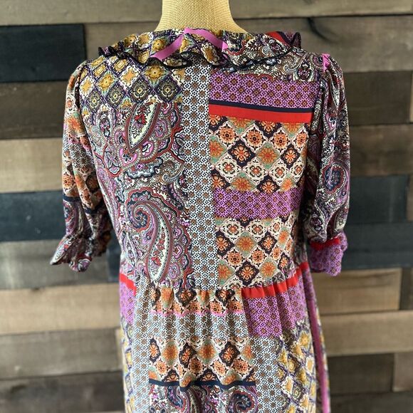 Modern Sheer Patchwork Paisley Ruffled Short Sleeve Maxi Dress - Picture 5 of 5